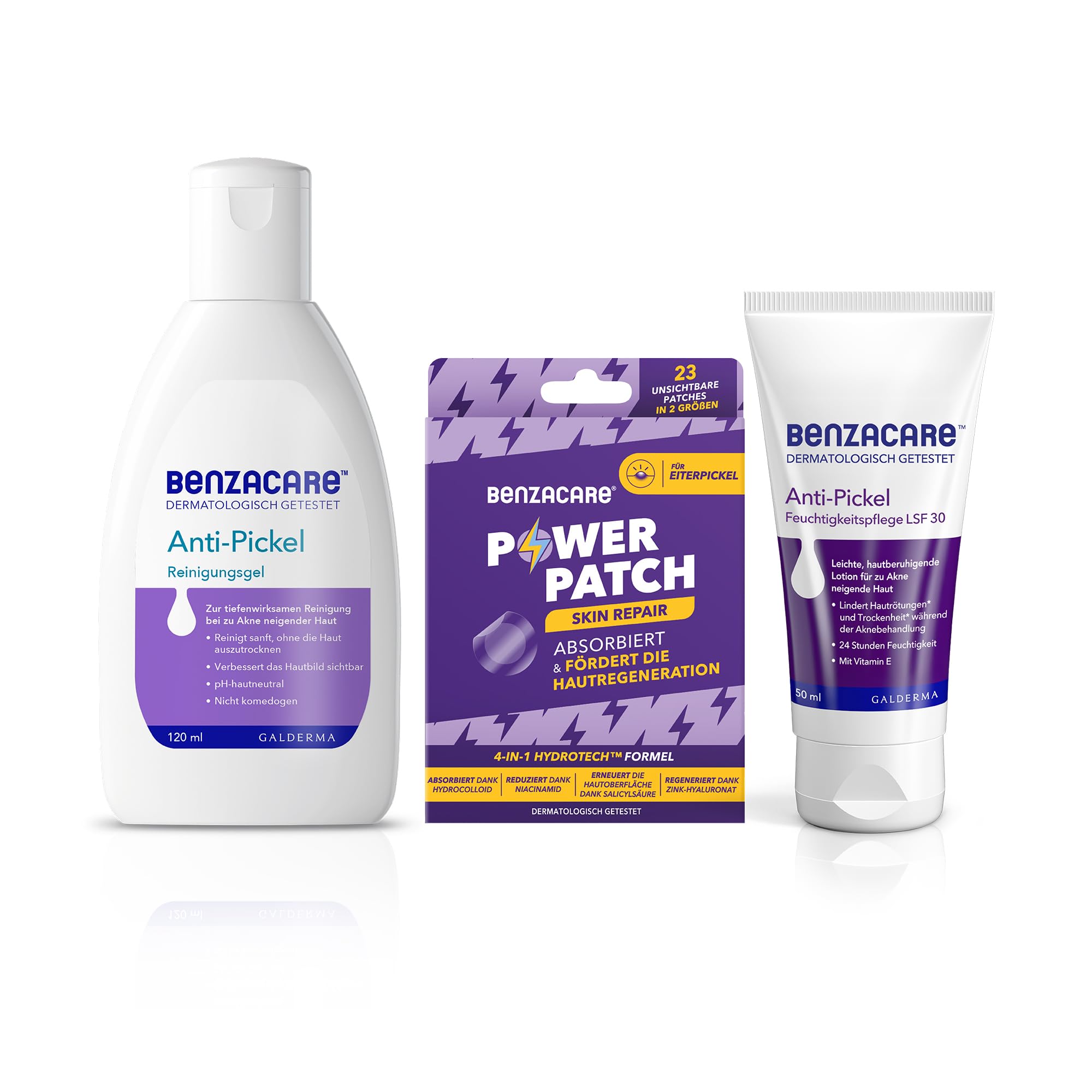 BENZACARE Anti-Pickel Set: Reinigungsgel (120 ml) + Power Patches Skin Repair (23 Stk) + Feuchtigkeitspflege LSF 30 (50 ml) - für zu Pickel neigende Haut, reduziert Rötungen & spendet Feuchtigkeit