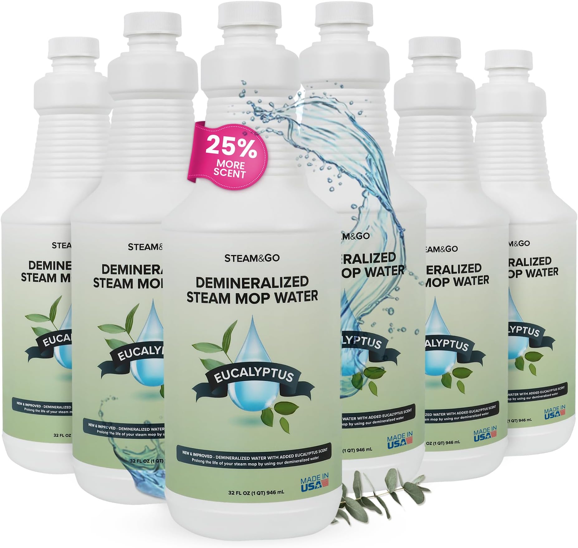 Steam & Go Demineralized Water for Steam Cleaner, PVC-Free Floor Cleaning Liquid Compatible with Any Steam Mop, Ready-to-Use Multisurface Cleaner, Scented, Eucalyptus Mint, 32 oz, Pack of 6