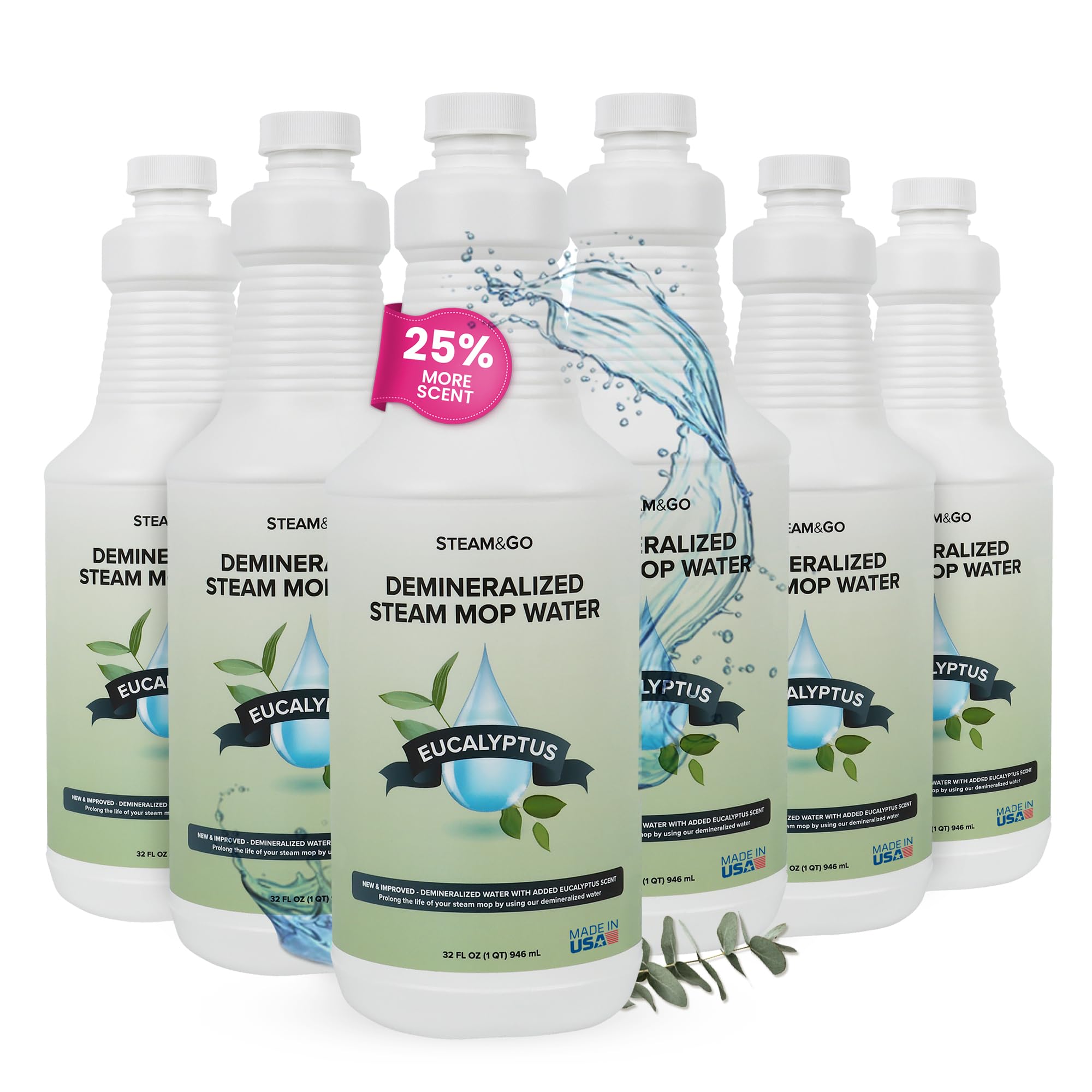Steam & Go Demineralized Water Cleaning Solution for Floor & Multi-Surface Steam Cleaners - Compatible for All Steam Mops - Eucalyptus Mint Scent, 32 oz, Pack of 6