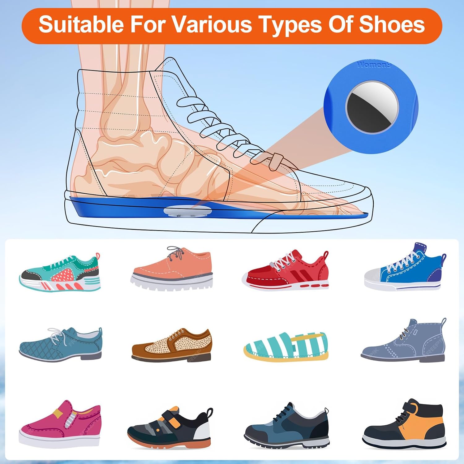 Hidden Holder Insole Compatible with AirTag, Tracking Device Insert Case for Kids Adults and Elderly, Secure Fit for Sneakers & Daily Shoes, Anti-Lost Tracker Soft Inserts for Shoes, Blue (175-190mm)