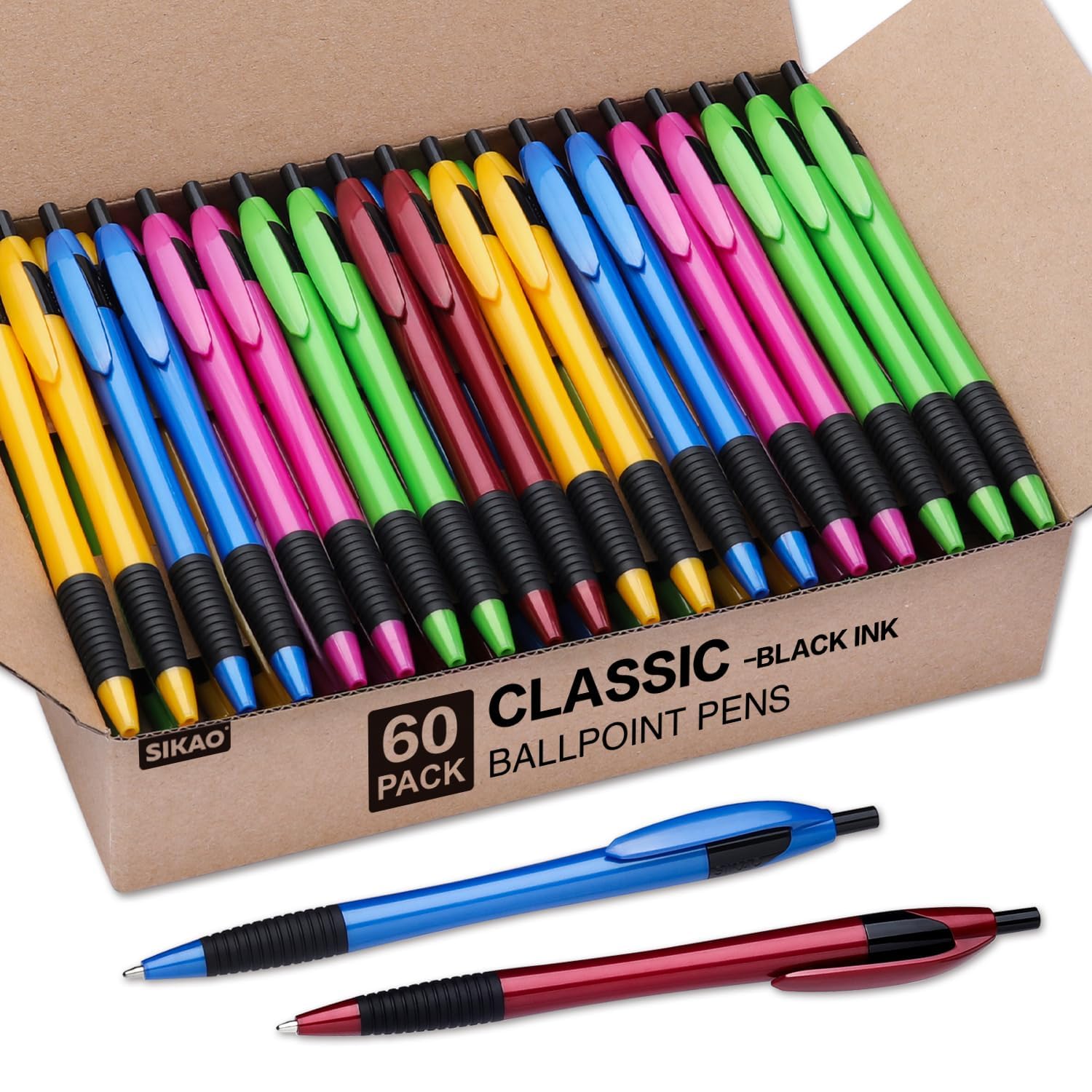 Sikao Ballpoint Pens, Black Pens, 60 Pack Gripped Slimster Retractable Pens Multipack, Black Ink Medium Point 1.0mm, Smooth Writing Ball Point Pens School Office, Box of Pens Bulk (Black ink)