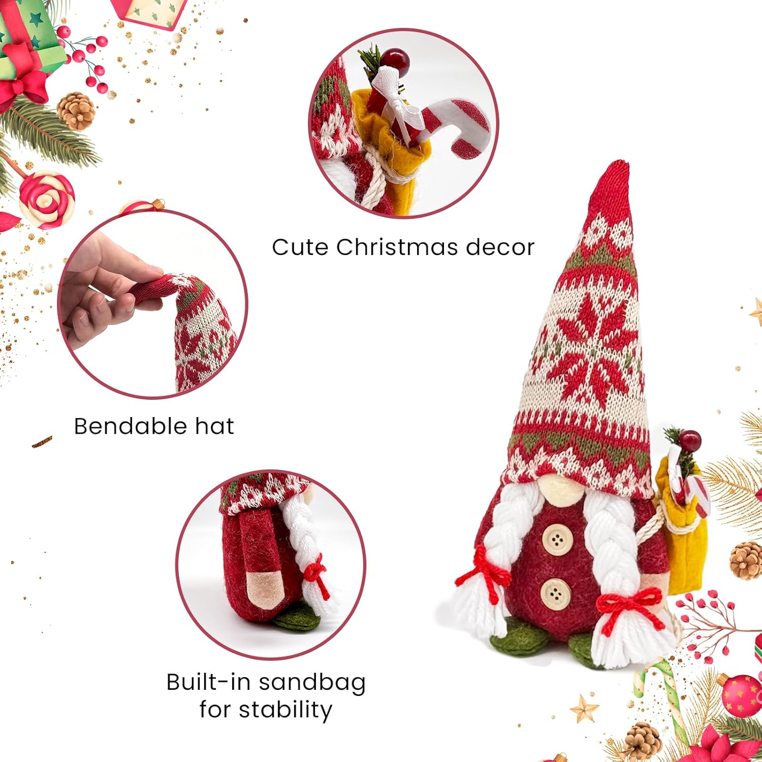 2PCS 9.5 Inch Christmas Gnome Plush Decorations, Handmade Scandinavian Tomte Elf Figurines with Gift, Nordic Xmas Gnome Ornaments for Holiday Home Table Office Decor - Image 5