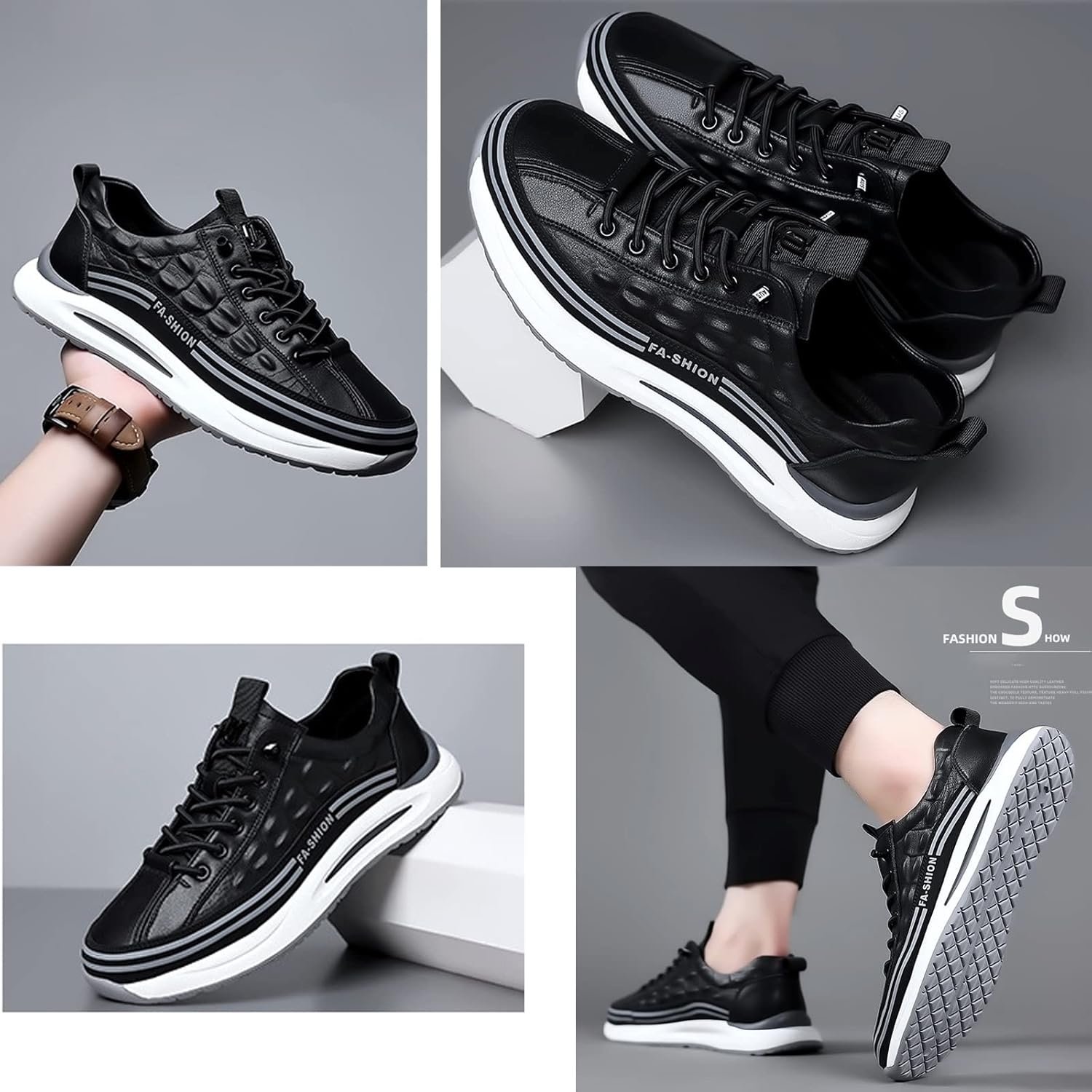 WENOREG Men's Print Low Cut Cowhide Sneakers,Fashion Elastic Laces Waterproof Soft Leather Comfortable Non-Slip Casual Athletic Walking Shoes - Image 7