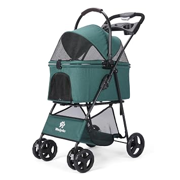 Pet Strollers, Foldable Cat Dog Pet Dogs Stroller with Storage Basket, 360 Front Wheel Rear Wheel with Brake, Lightweight Travel Stroller for Small Medium Dogs&Cats 4 Wheels, Dark Green
