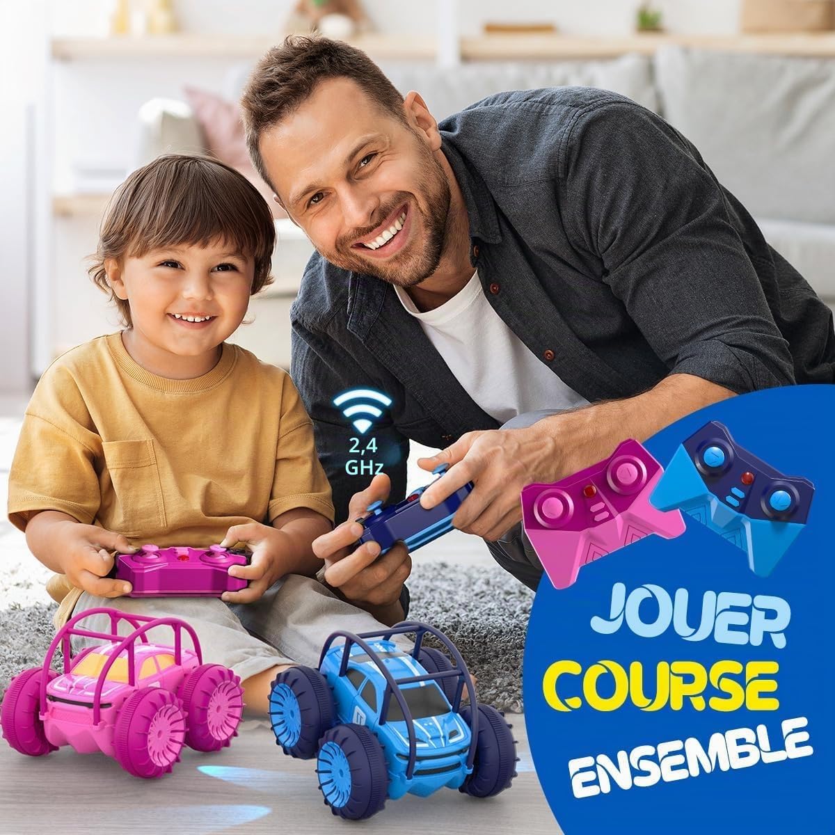 ifollower Voiture Télécommandée à Charge Directe, 15 km/h 4WD Véhicule Amphibie Cascadeur, 2.4 GHz Rotation à 360° avec LED Colorée, Jouets Tout-Terrain, Cadeaux pour Enfants de 3-12 Ans