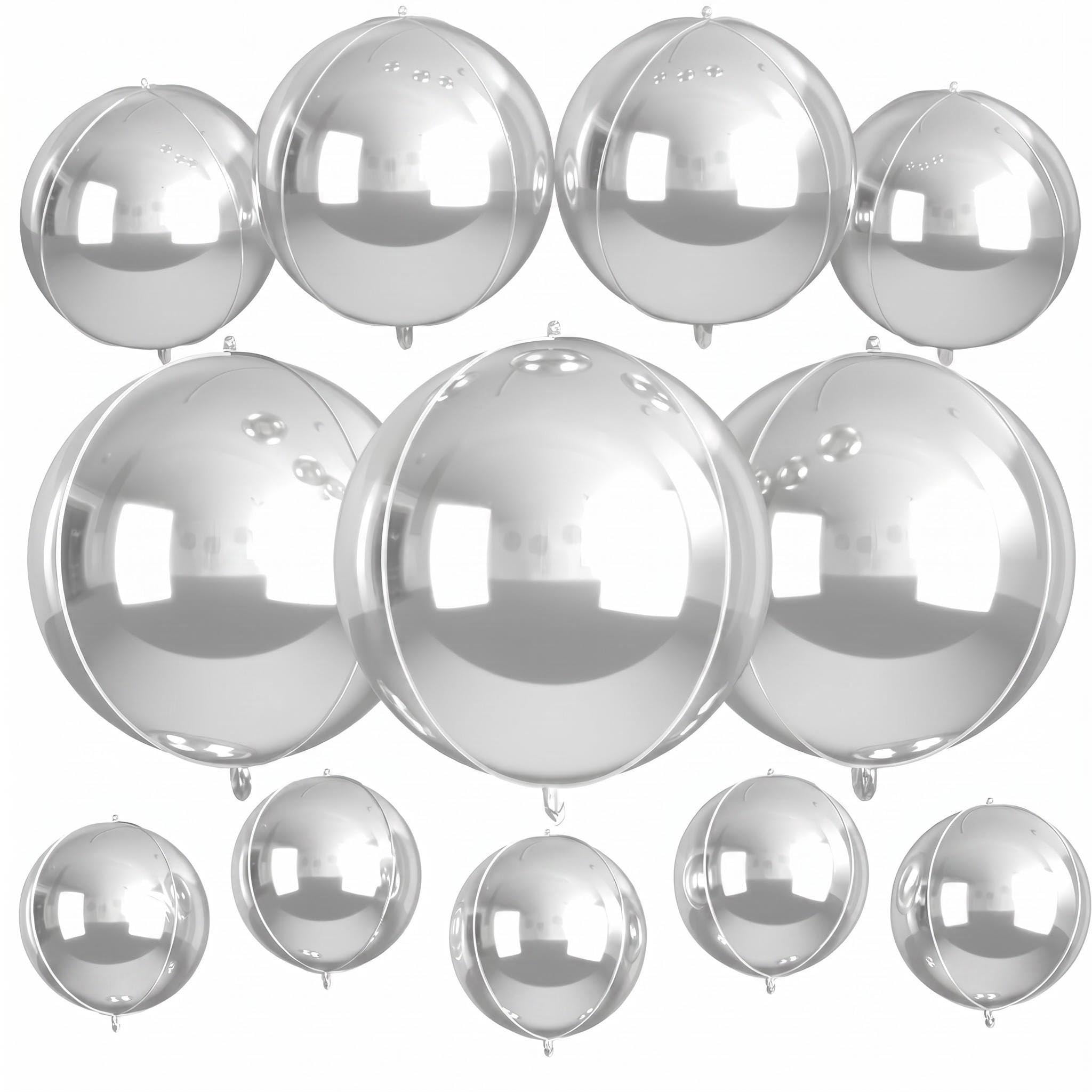 12-Pack Iridescent Round Foil Balloons Bundle, 22" 15" 10" 4D Clear Party Balloons, Holographic Chrome Balloons for Birthday Wedding Party Decorations (Silver)