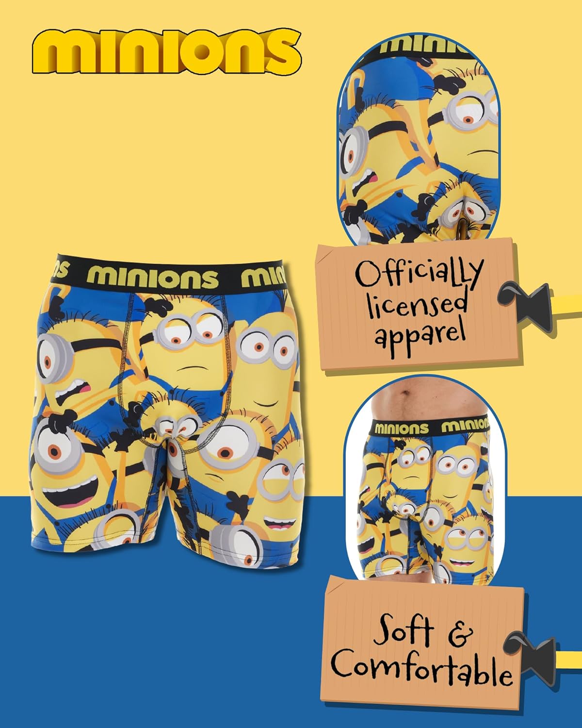 Minions Men's Boxer Briefs - No Fly, Anti-Chafing Stitching, Comfort Shaped/Cotton Lined Crotch