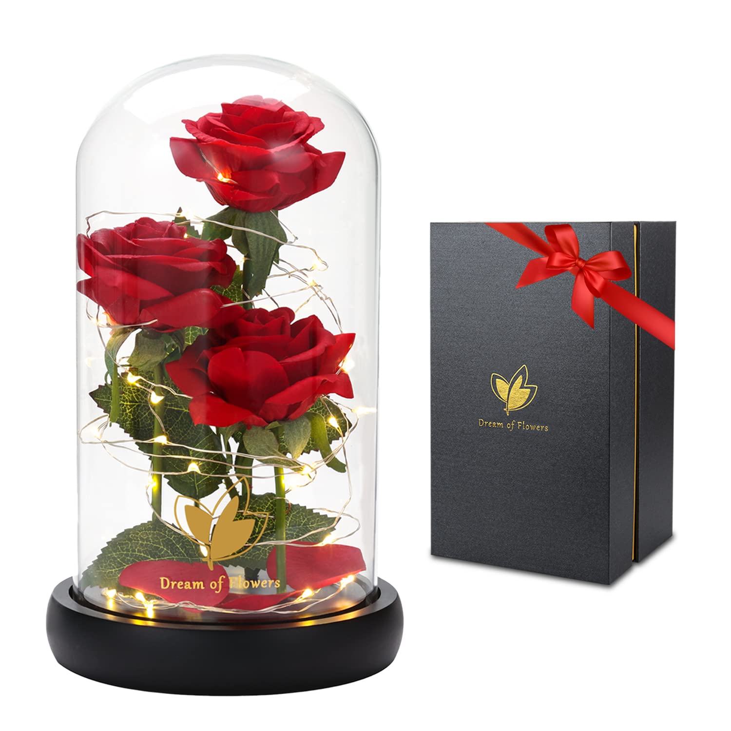 Valentines Day Gifts for Her,Valentines Decor Beauty and The Beast Rose Flowers with 40 LED Lights Rose in Glass Dome,Enchanted Rose Valentines Flowers Birthday Gifts for Women Girlfriend Mom Wife