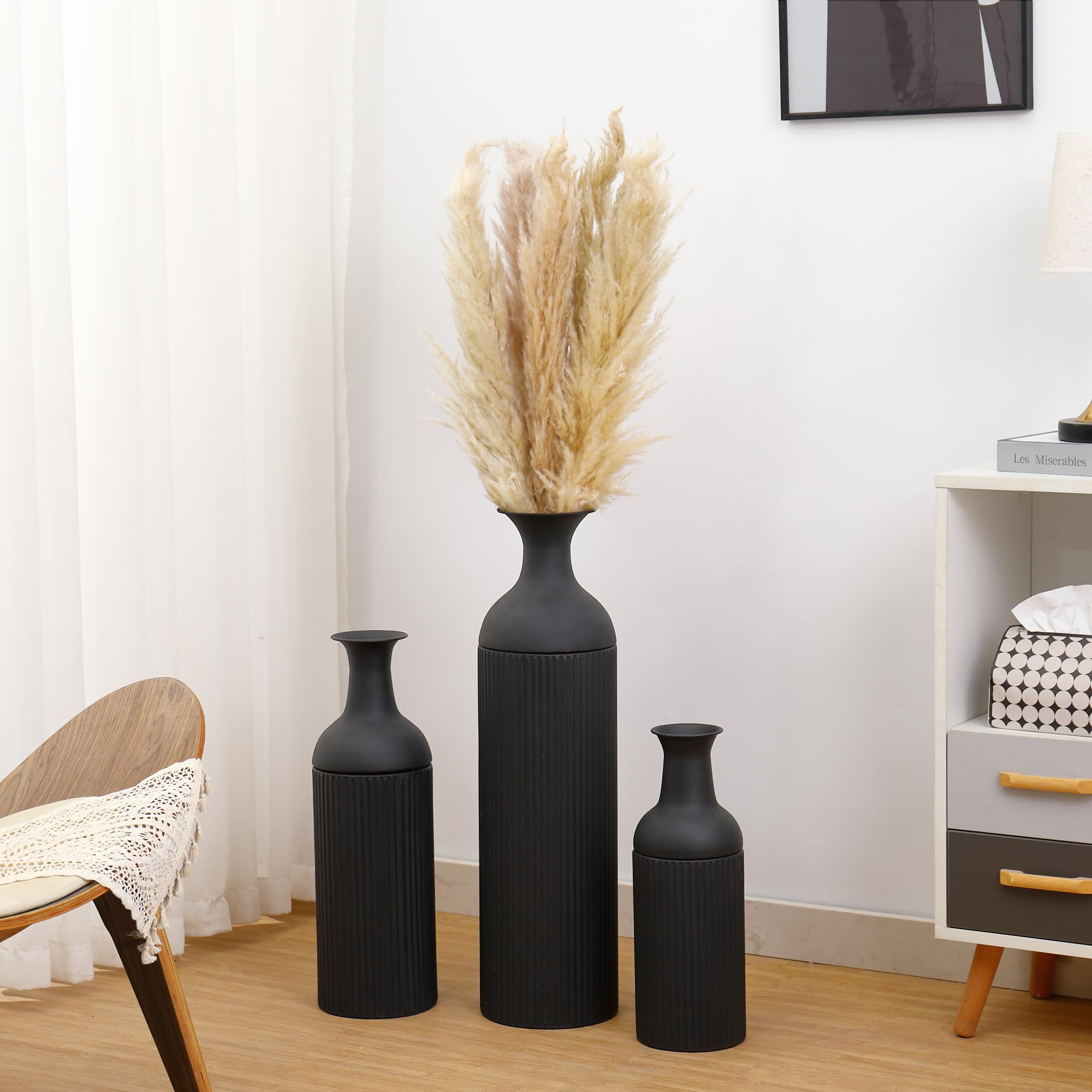 Hohe Vasen für den Boden, große Bodenvasen 3er-Set, hohe Blumenvase, Schwarze Metallvase für Wohnzimmer, Eingangsbereich, Büro, Esszimmer, Schlafzimmer, Kamin, Wohnecke