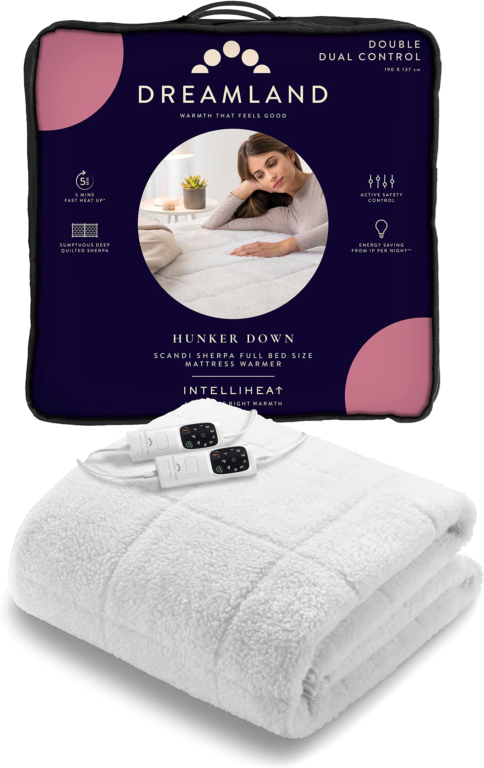 Dreamland Hunker Down Electric Blanket, Double Size, Scandi Sherpa, Two Controllers, Fast Heat Up, Premium Heated Fitted Underblanket, 6 Heat Settings, Machine Washable, Timer, 190 x 137 cm