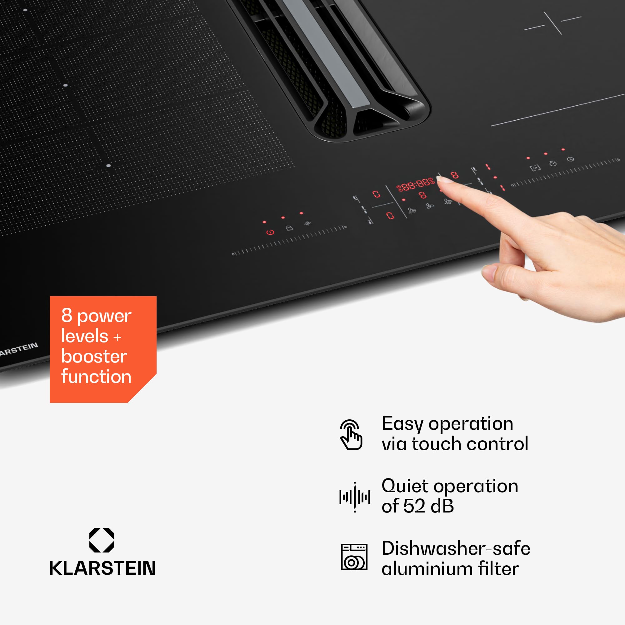 Klarstein AirJet Płyta indukcyjna z okapem - 12 kW, Boost 600 m³/h, Klasa energetyczna A+, 9 stopni, Cicha 52 dB, Panel dotykowy, Bridge-Connect, Filtr aluminiowy, Czarna
