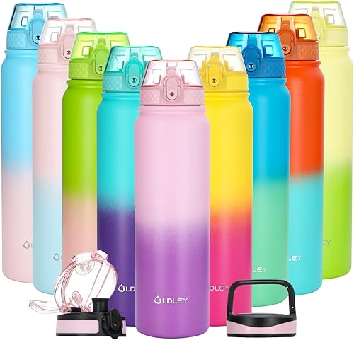 Oldley Botella de agua aislada con pajilla, botellas de agua de acero inoxidable de 32 onzas con 3 tapas, aislamiento al vacío de doble pared