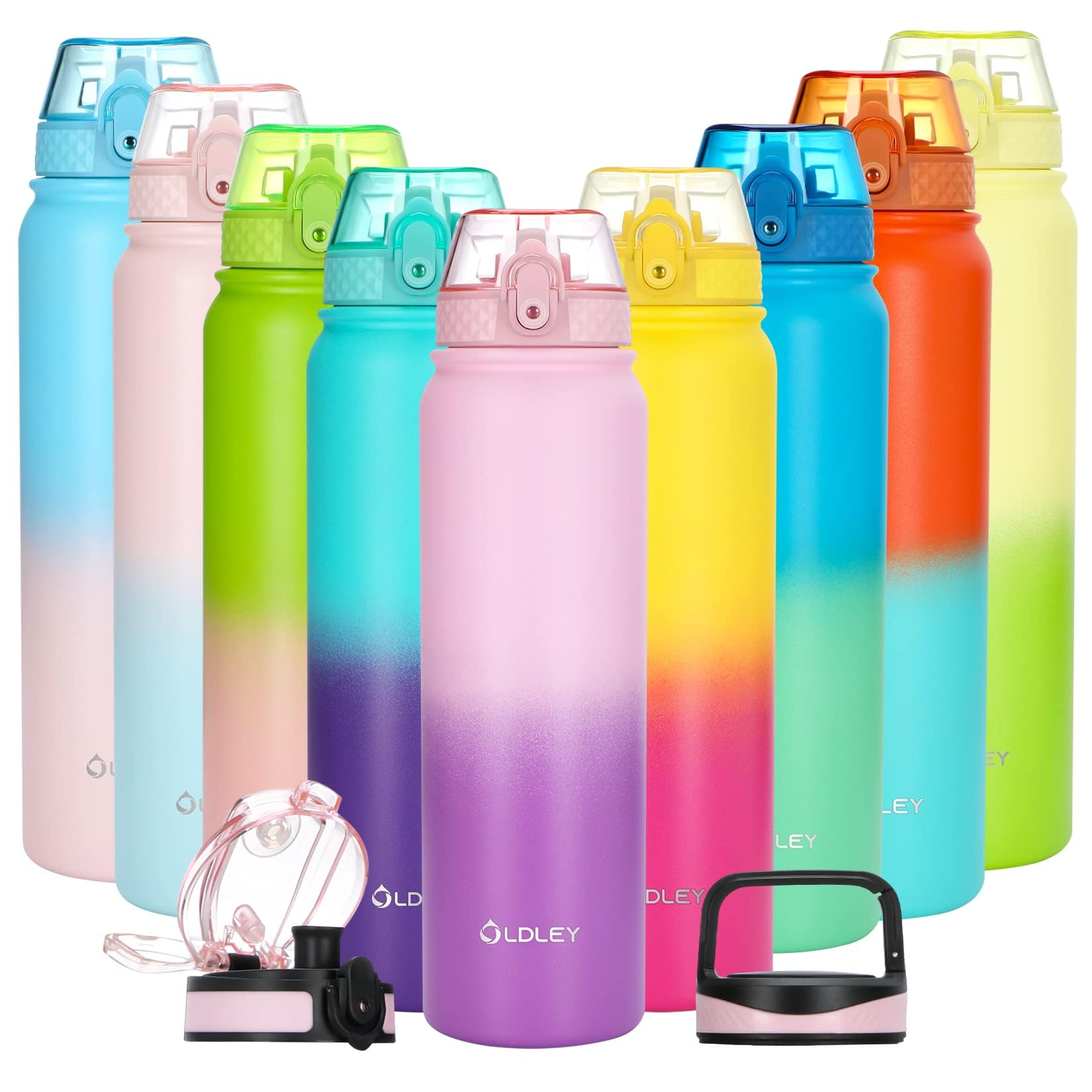 Oldley Insulated Water Bottle with Straw 32oz Stainless Steel Water Bottles with 3 lids Double-Wall Vacuum Thermal for Kids Adults School Sports,Ombre