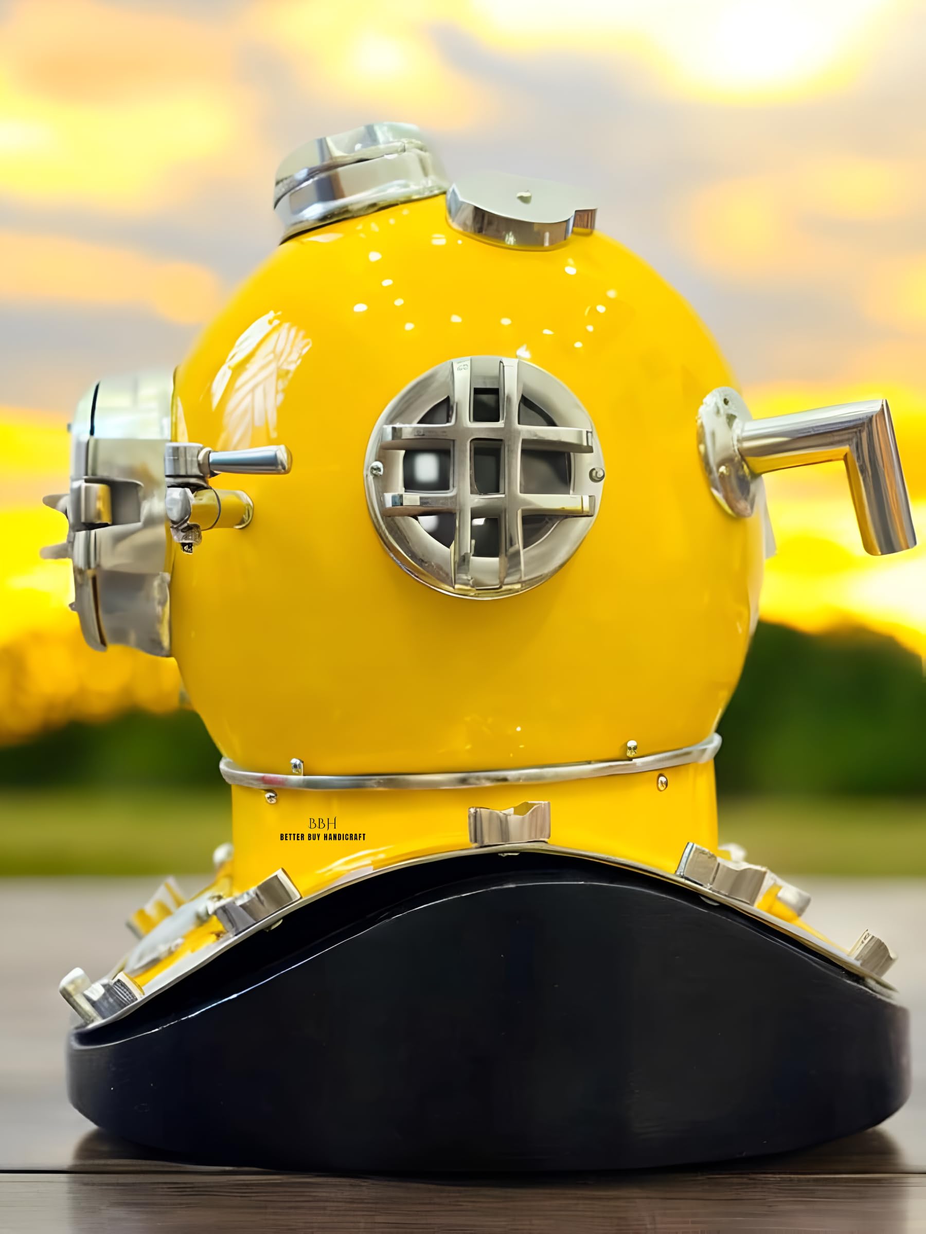 Casco de buceo amarillo sin base, casco de buceo Mark V de 18 pulgadas con base de madera, casco decorativo de barco marítimo, el mejor regalo de decoración, Amarillo, 46 cm