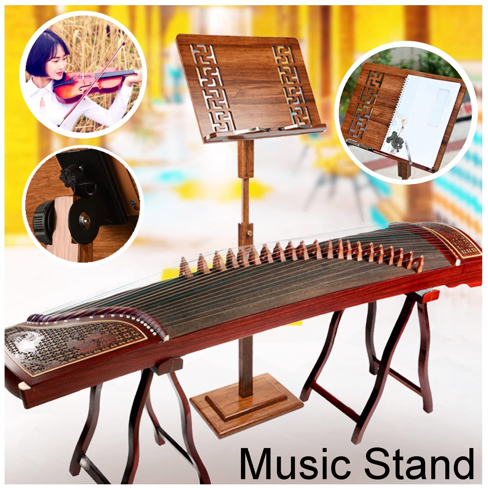 INUUXLG Violin Music Stand with Carrying Bag, Sheet Music Stand with Violin Hanger, Stable and Rotatable, The Wooden Bookshelf is More Stable, Extra Stable Metal Music Stand,