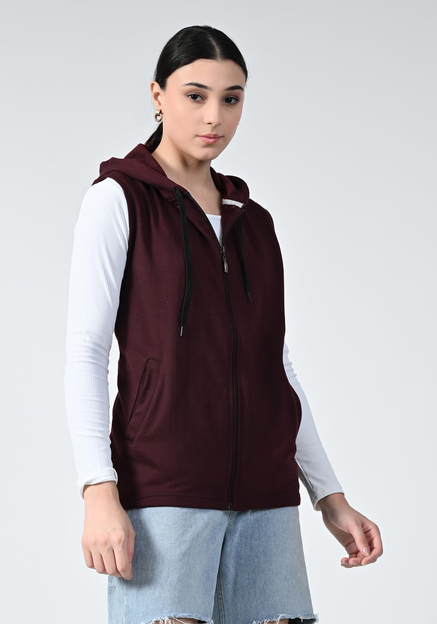 Women Fleece Warm Zipper Sleeveless Hoodie Jacket for Winter (Pack of 1) Wine 1