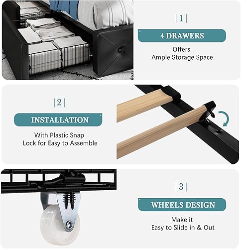 Miniatura 25 de HOOMIC Base de cama de almacenamiento de plataforma de tamaño matrimonial con 4 cajones y cabecera ajustable, listones de madera, no necesita Negro,