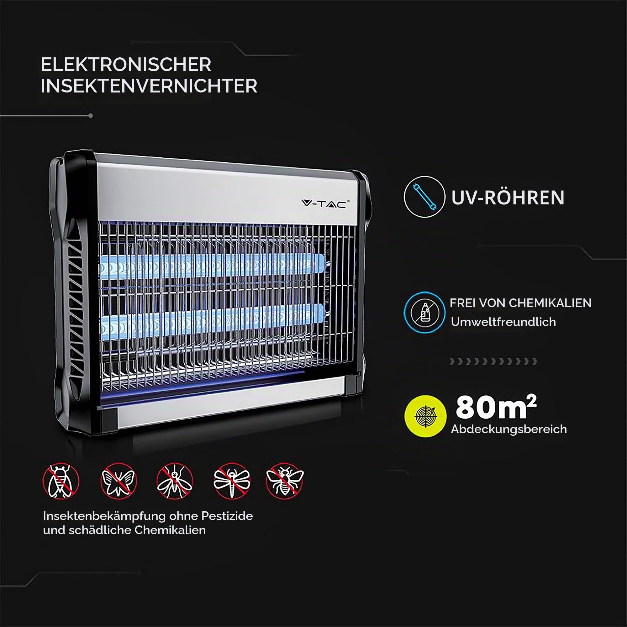 V-TAC Insektenvernichter Elektrischer 20 W mit 80 m² effektiver Fläche – schlankes Design – Moskitonetz mit UV-Blaulicht für den Innen- und Außenbereich – elektrische Falle gegen Mücken und Insekten