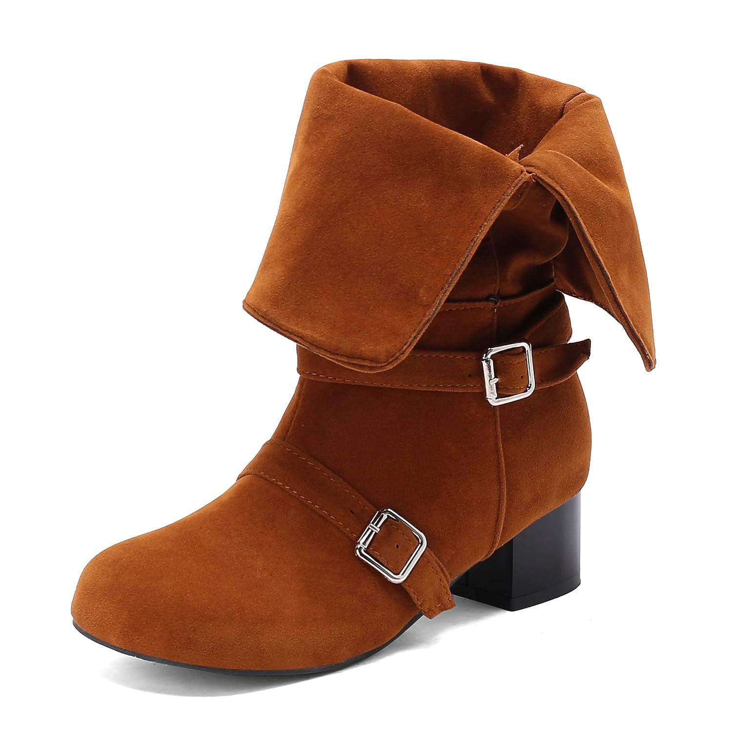 SoundSky Womens Mid Calf Boots Double Buckle Chunky Block Heel Fold Over Winter Boot