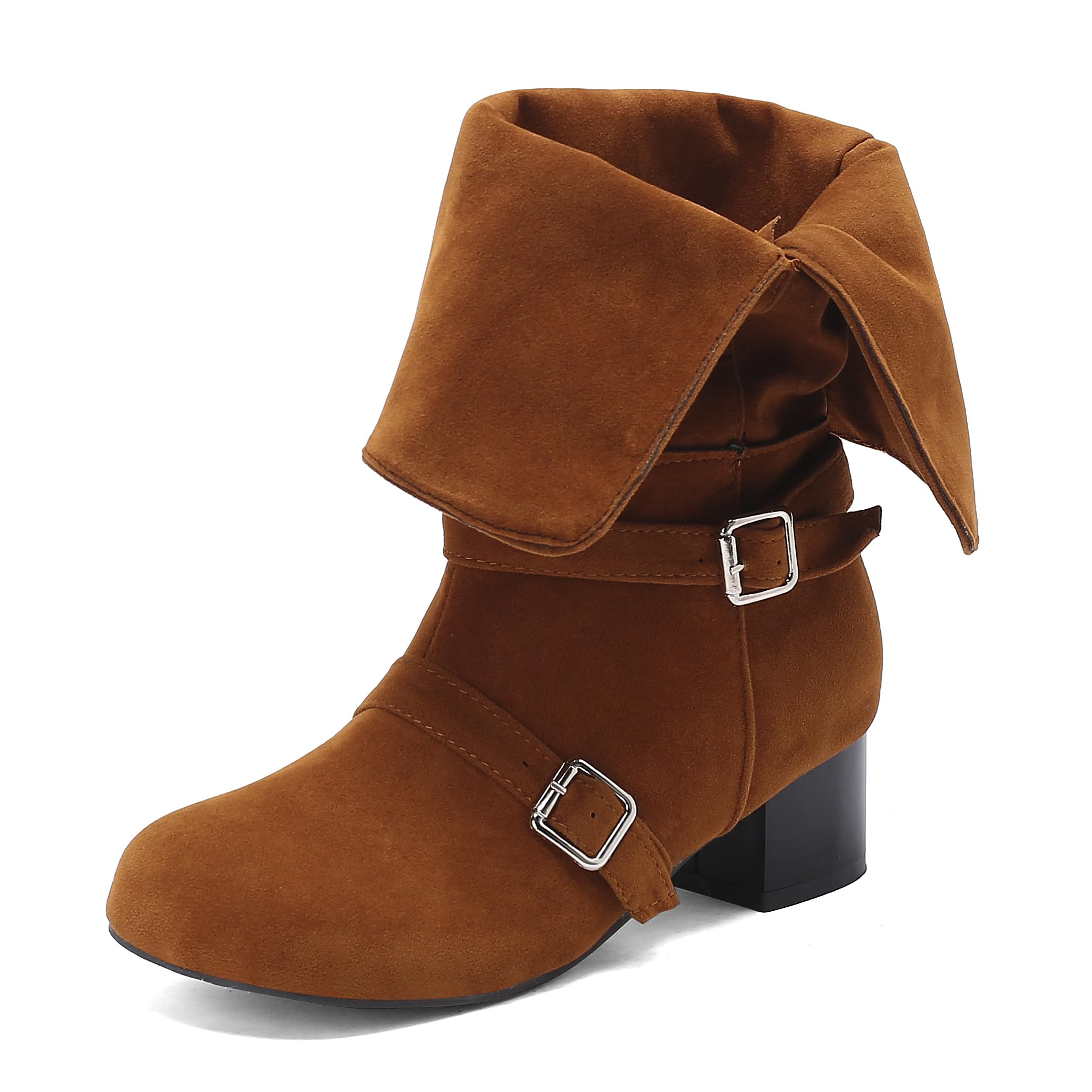 SoundSky Womens Mid Calf Boots Double Buckle Chunky Block Heel Fold Over Winter Boot