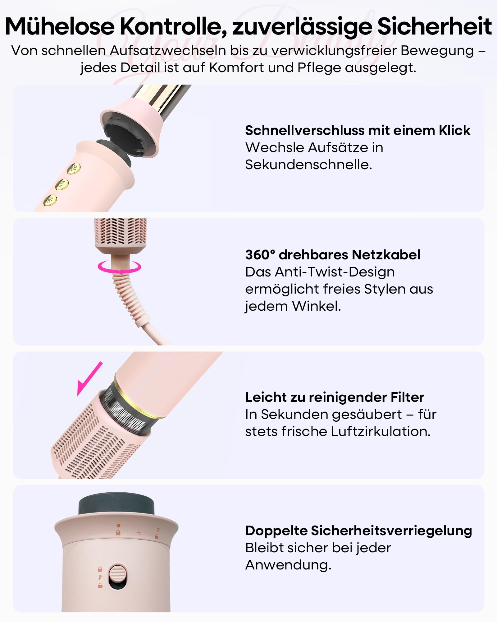 Airstyler 7 in 1 Ionen Föhn mit Diffusor Lockenstab Haartrockner Glätteisen Volumenbürste Warmluftbürste Reisetasche Rosa