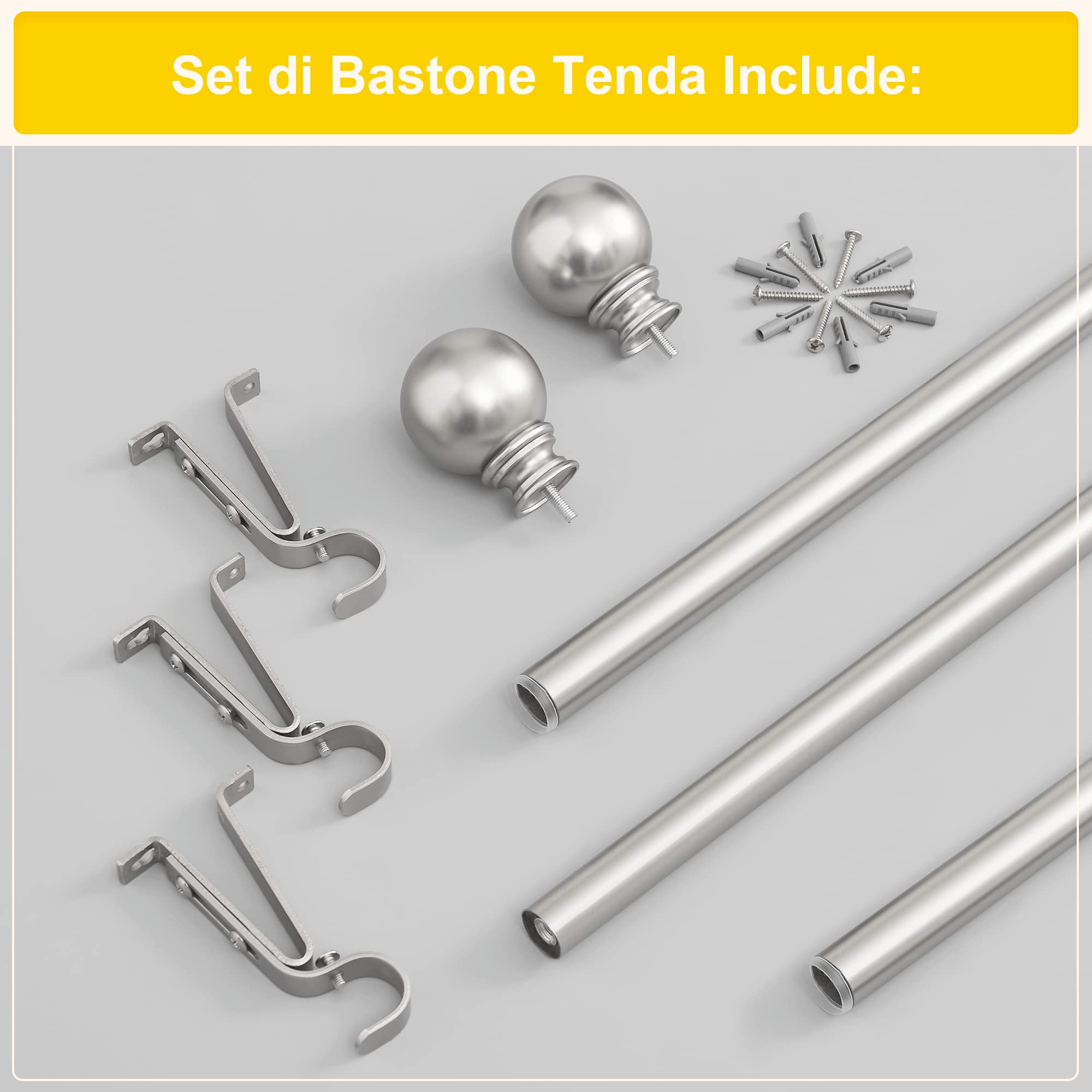 NICETOWN Bastone Tenda Estensibile con Terminali Rotondi - Bastoni per Tende Moderni per Camera da Letto con Staffe, da 182 a 365 cm, Diametro 25 mm, Nichel Argento
