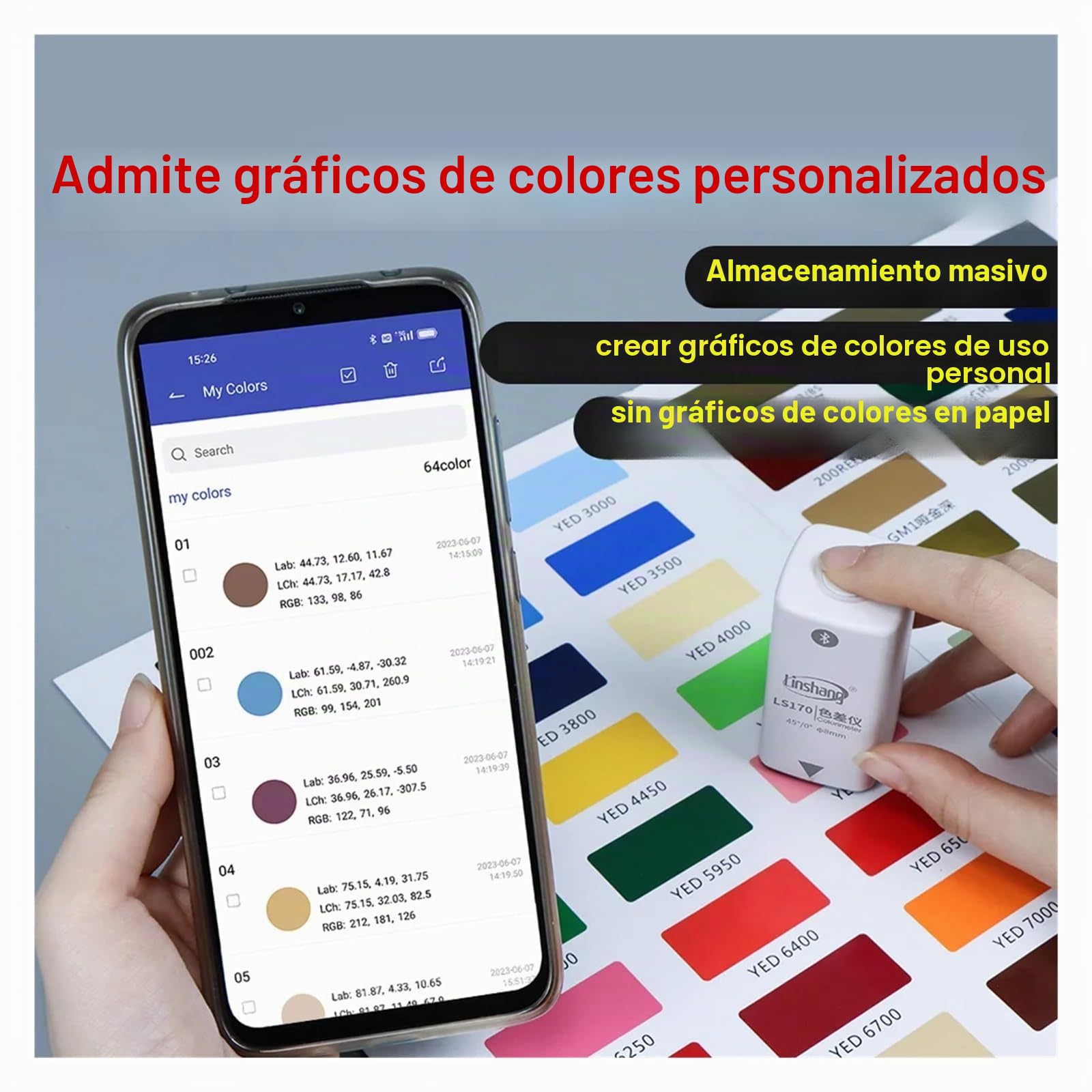 Colorímetro Digital portátil for recubrimientos, aplicación móvil, Pantone NCS Ral CMYK 45°/0°, más económico, LS170