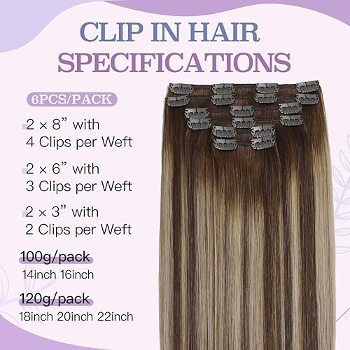 Miniatura 3 de Sindra Extensiones de cabello humano real con pinzas, 16 pulgadas, balayage, extensiones de cabello marrón chocolate a rubio caramelo, 6 unidades,