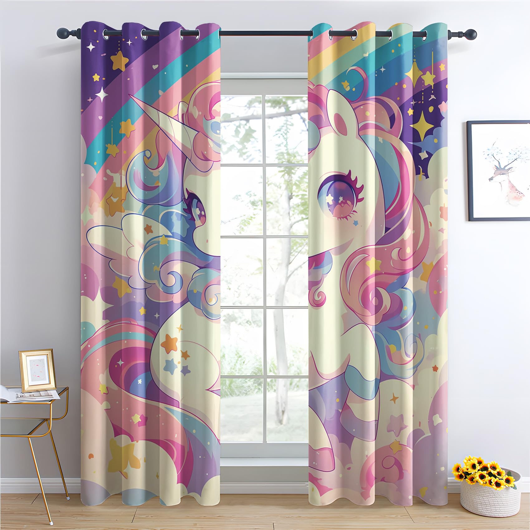 Generisch Vorhänge Einhorn - Mädchen Süße Regenbogen Fenster Gardinen mit Ösen, Vorhang Blickdicht Verdunklungsvorhänge Thermovorhang für Wohnzimmer Schlafzimmer Deko 2er Set, H 160 x B 140 cm J-#14