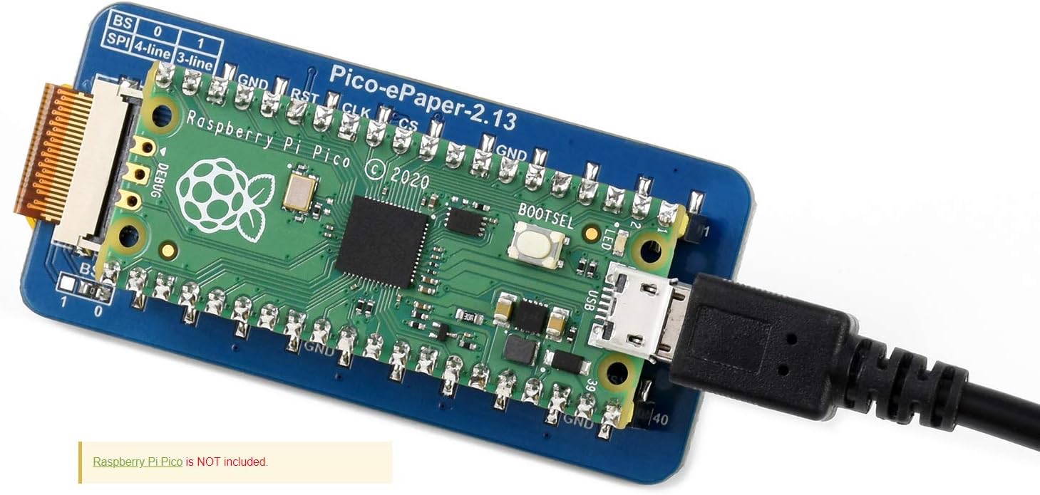 Raspberry Pi Pico connected to the Waveshare 2.13-inch e-paper module with USB cable