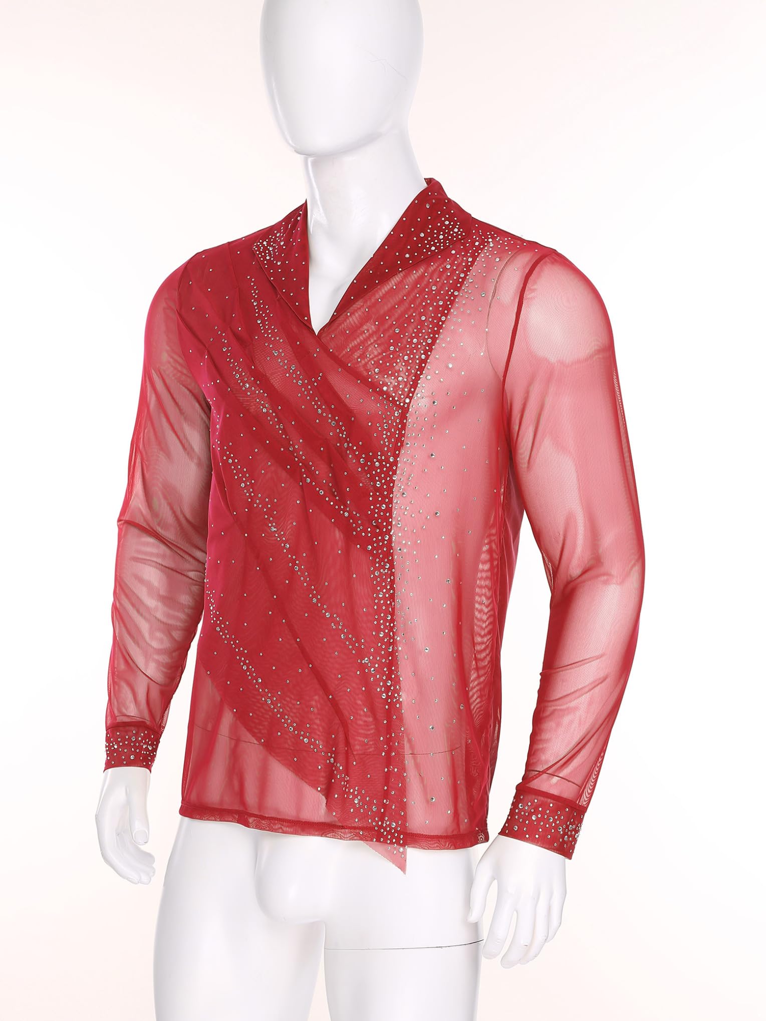 Camisa Baile de Salón para Hombre Leotardo Baile Latino Camisa de Patinaje Artístico para Competición S-XXL Rojo M