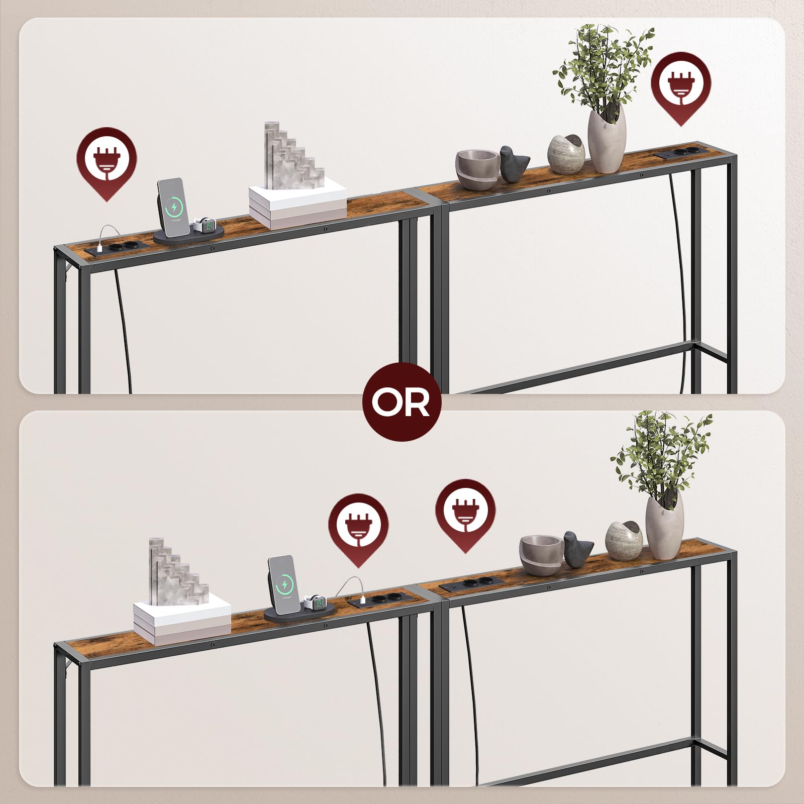 MAHANCRIS Table d’Appoint de 100 cm, Table d’Entrée avec Prises et Ports USB, Bout de Canapé étroit, Cadre Métallique, Pieds Réglables, pour Couloir, Salon, Chambre, Marron et Noir ACTHR968UE01S2
