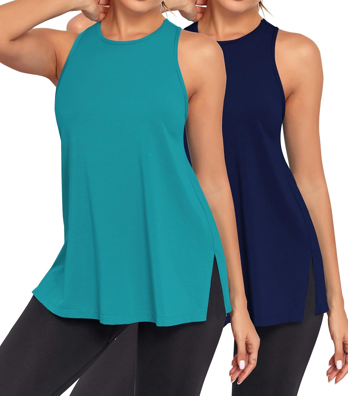 Pima Cotton Racerback Yoga Tops Woman Side Split Athletic Workout Tank Tops Loose Fit Moisture Wicking 2 Pack