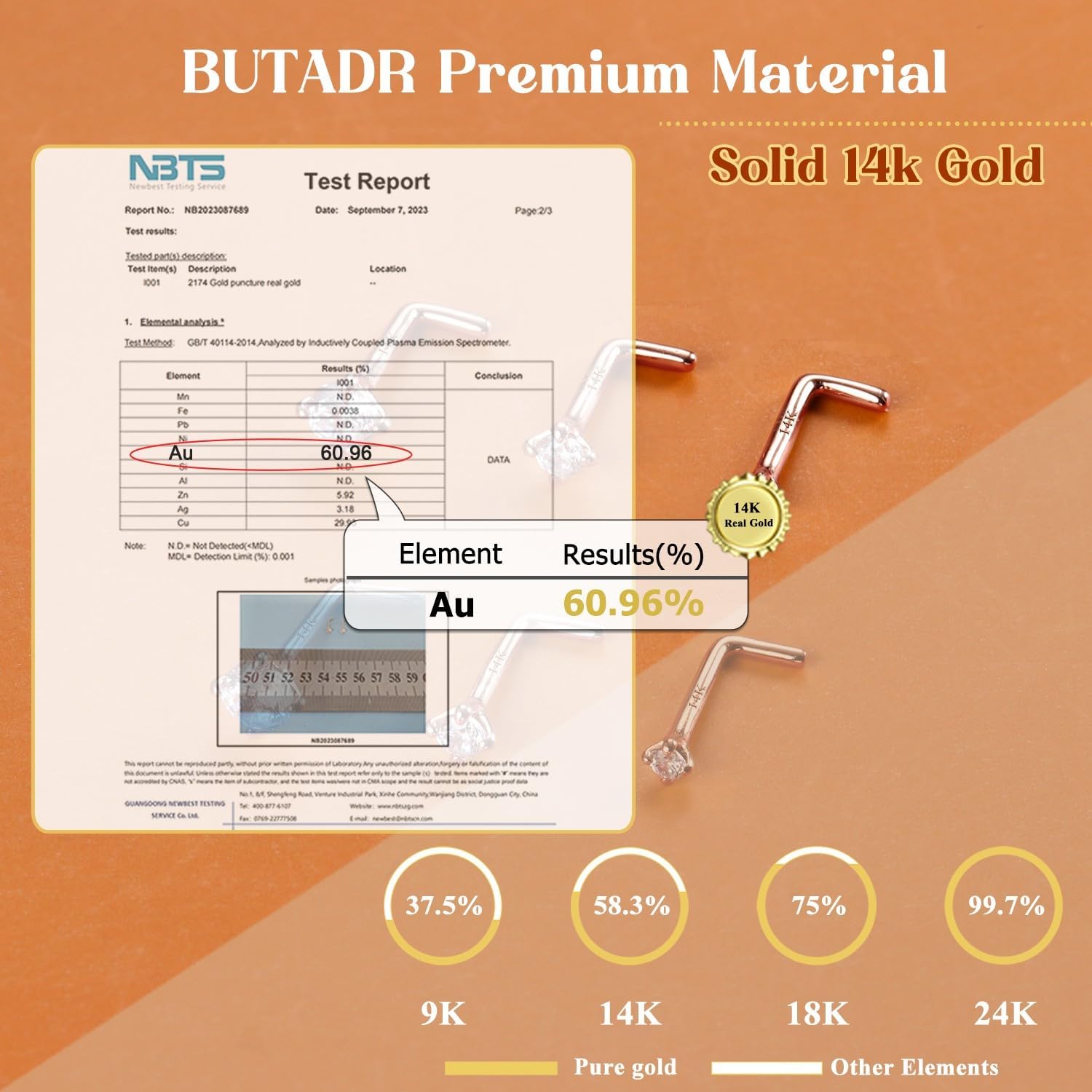 14K Real Gold Nose Studs, 18G 20G Solid Gold L Shaped Nose Rings, Simulated Diamond CZ Hypoallergenic Nose Piercings for Women Men 1.5 2 3MM