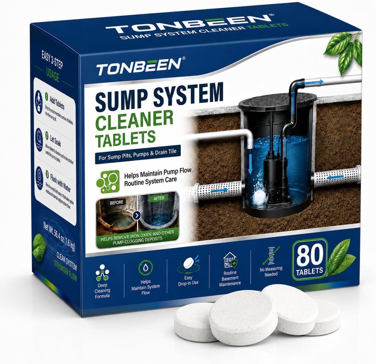Sump Pump System Cleaner Tablets for Iron Ochre & Drain Tile, 80 Count