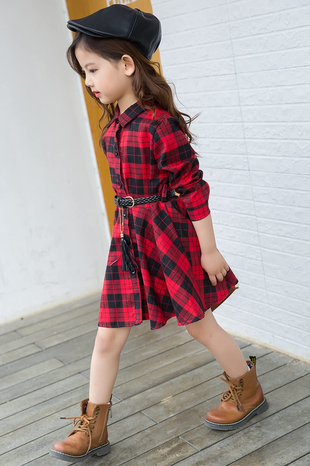 AGQT Blusas Vestido Bebita Traje de Navidad, Vestido de Camisa de Rayas Ropa Casual Manga Larga con cinturón, Talla de Camisa a Cuadros Buffalo Tamaño 3-11T