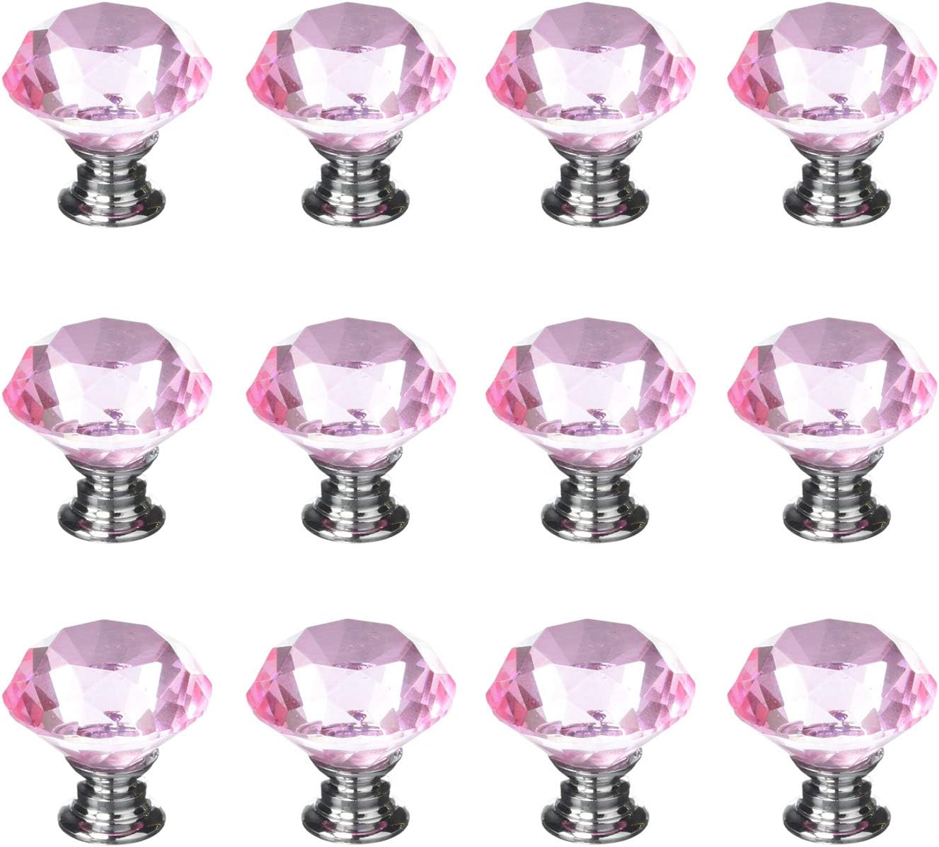 12pcs Diamond Shape Crystal Glass 30mm Cabinet Drawer Knob Pink