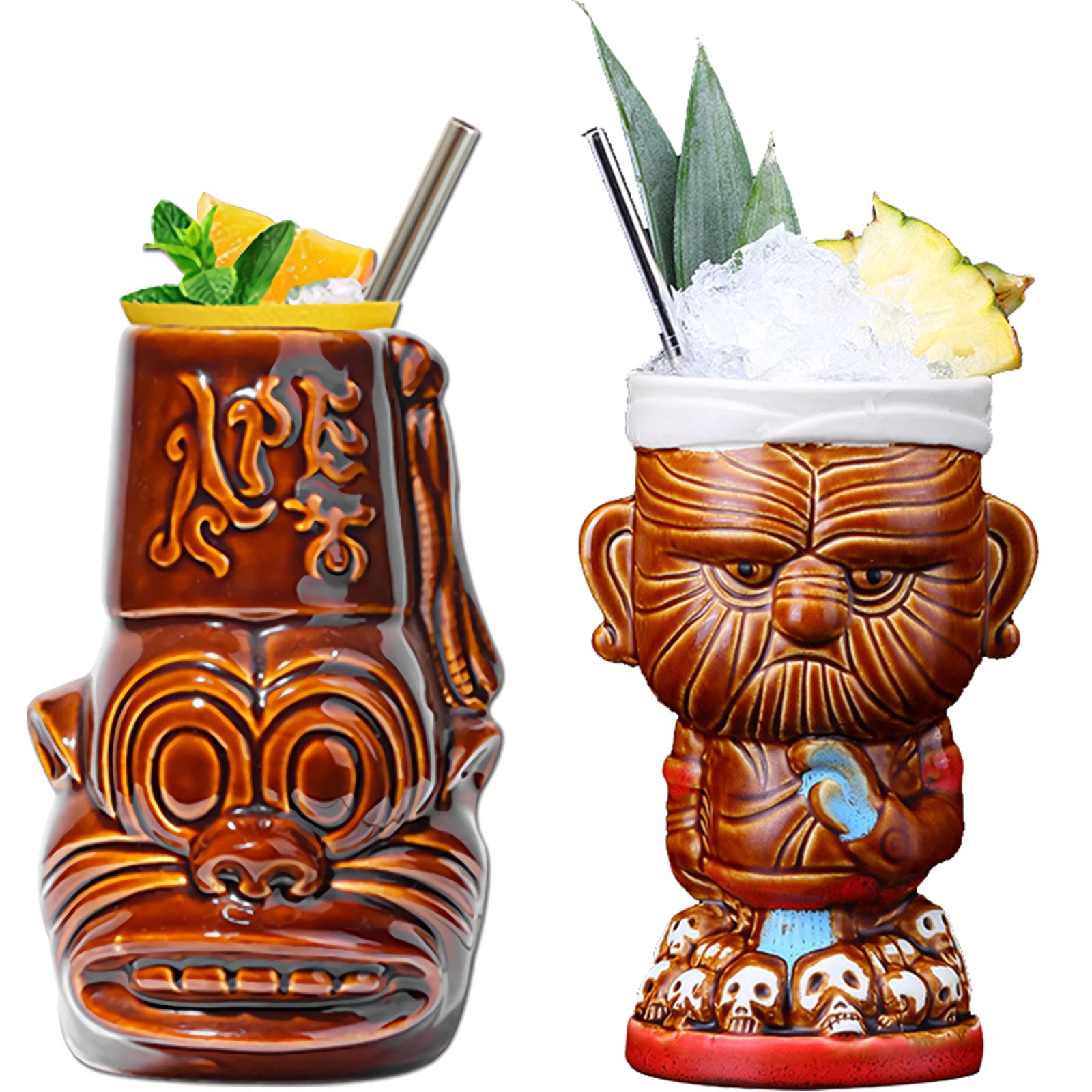 2 Tiki-Becher Aus Keramik Mit Edelstahl-Trinkhalmen – Handbemalt, Für Cocktails & Hawaii-Partys