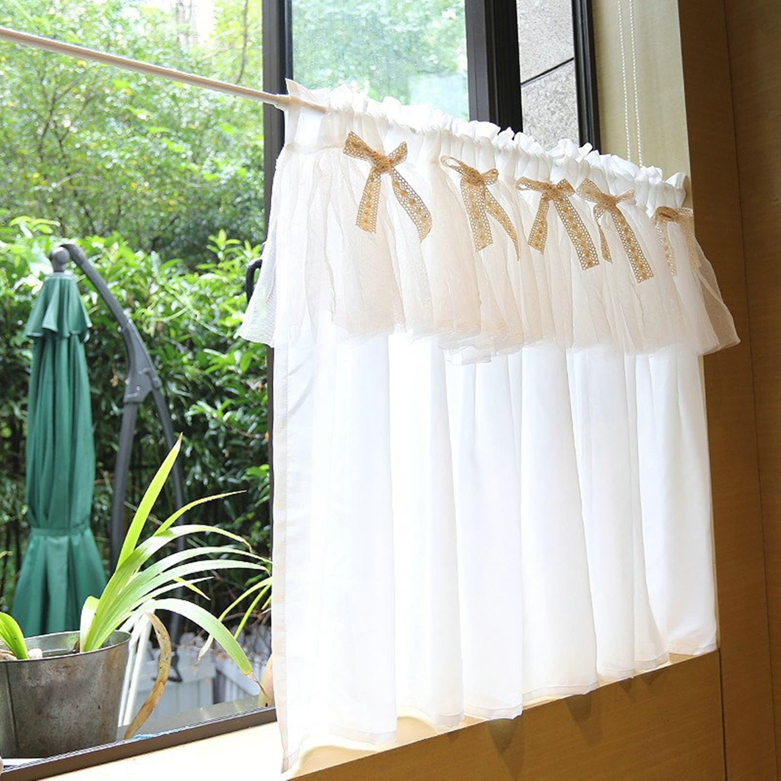 AMDXD Visillo de cocina opaco, blanco, 130 x 40 cm, encaje con nudo de lazo, visillos cortos, 1 pieza, con bolsillo de varilla de algodón y lino, cortina decorativa para cuarto de baño