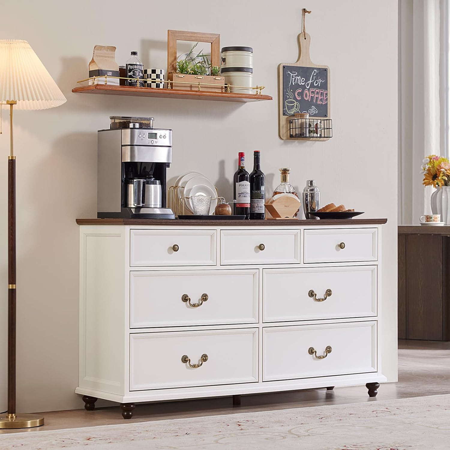 Joaxswe Farmhouse 7 Drawers Dresser for Bedroom, White 54 Inch Wide Chest of Drawers w/ 4 Wooden Legs, Large Vintage Rustic Closet Dressers for Living Room, Wood TV Stand with Storage Organizer