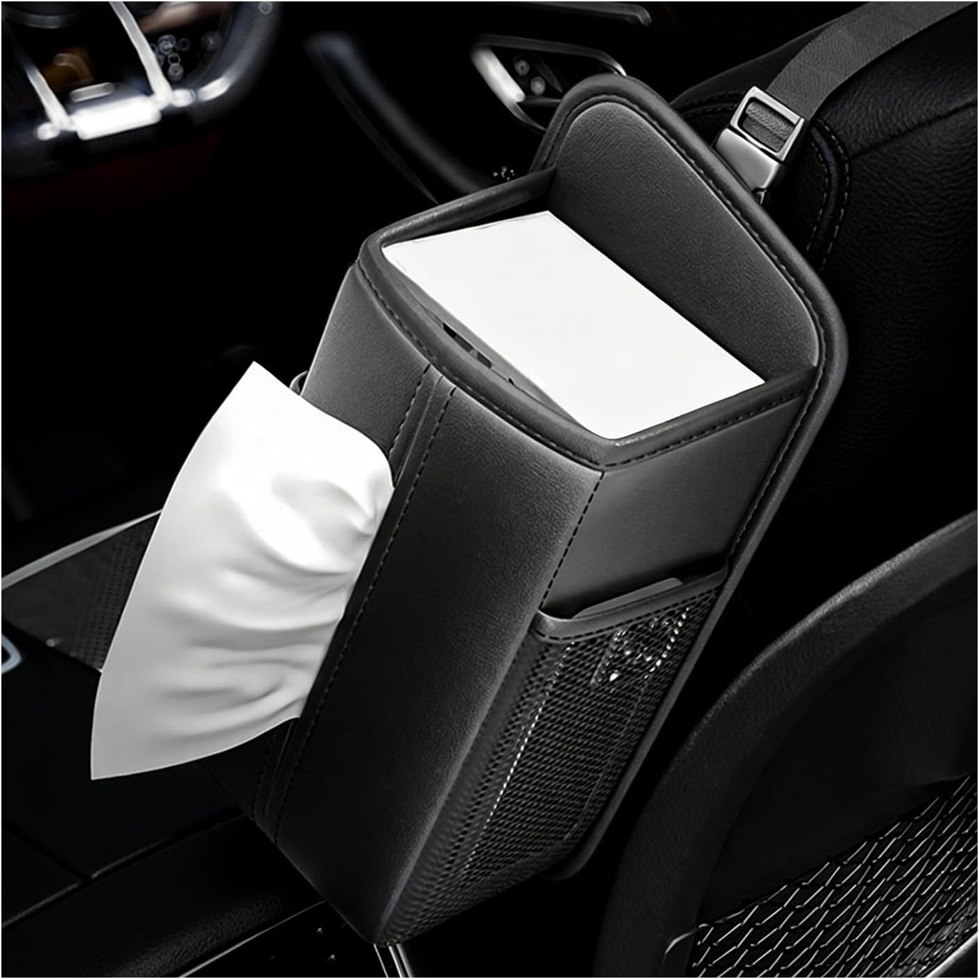 Car Tissue Holder, Waterproof Leather Auto Front Seat Side Tissue Box with 2 Mesh Pockets, Rectangular Large Napkin Holder Storage Hanging Bags for Cars SUVs Trucks