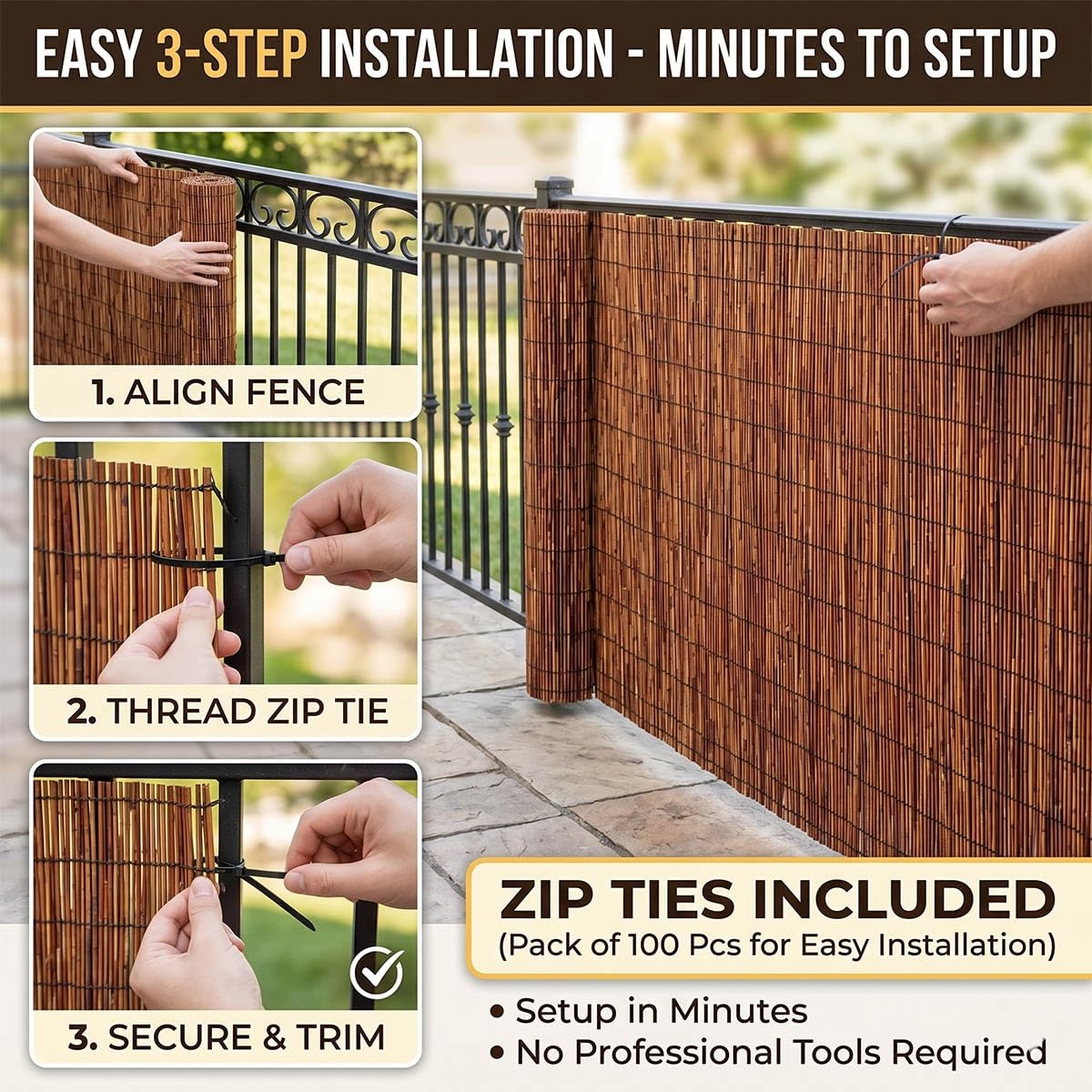 Rollo Valla de Cañizo para Exteriores, Cerramiento Natural sin Partes Metálicas para Larga Durabilidad, Kit de Bridas Incluido, Malla Protectora Transpirable para Patios(Natural,60x600cm)