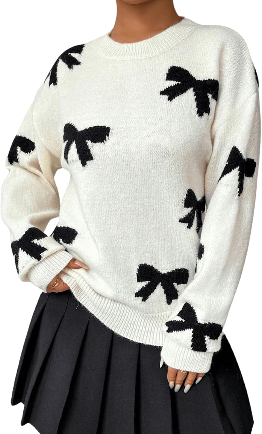 Milumia Women's Y2K Bow Sweater Long Sleeve Crew Neck Knit Pullover Top