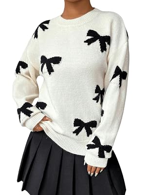 Milumia Womens Y2K Bow Sweater Long Sleeve Crew Neck Knit Pullover Top