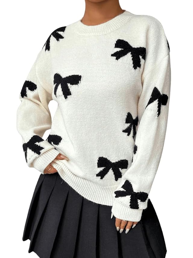 Milumia Womens Y2K Bow Sweater Long Sleeve Crew Neck Knit Pullover Top