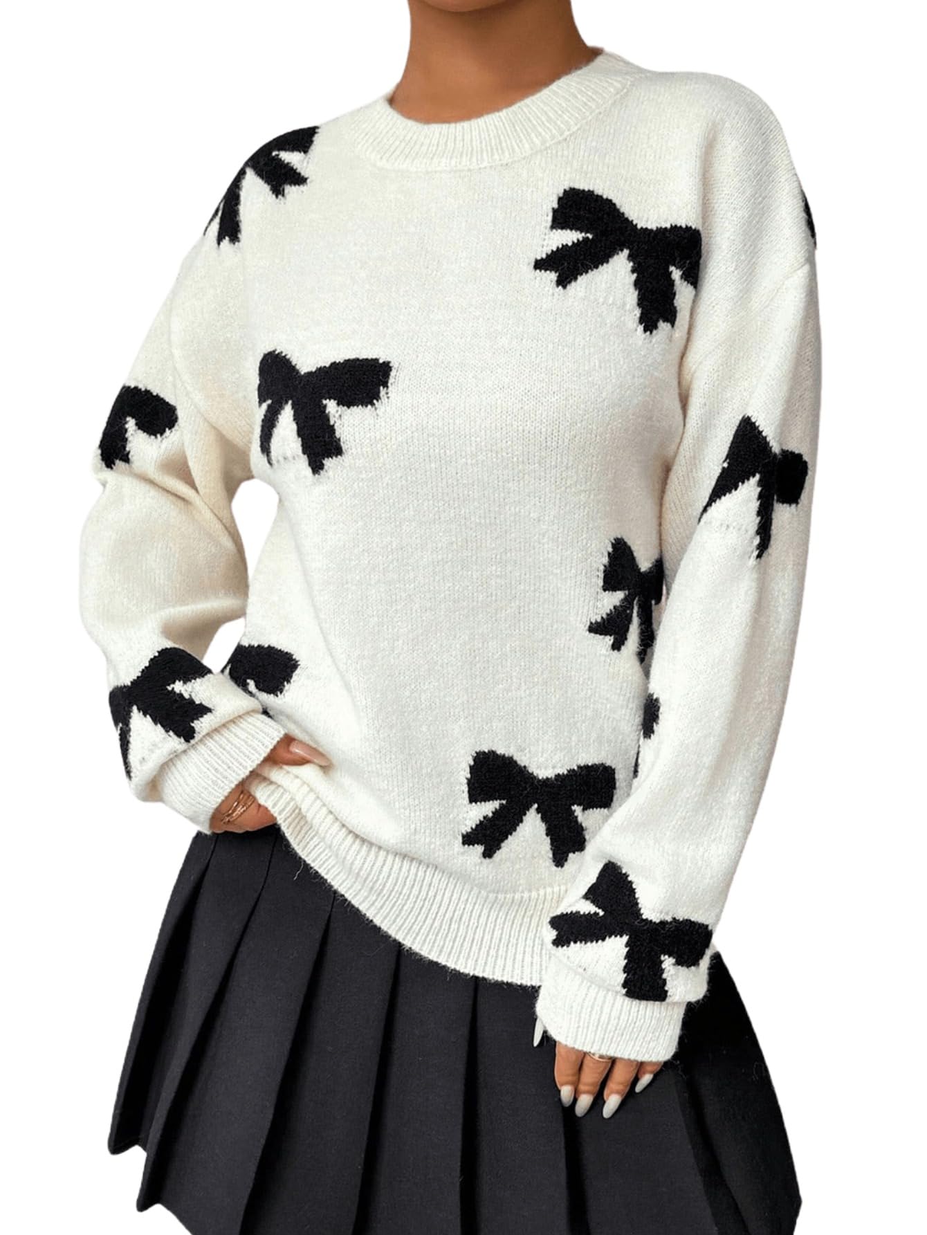 Milumia Women's Y2K Bow Sweater Long Sleeve Crew Neck Knit Pullover Top