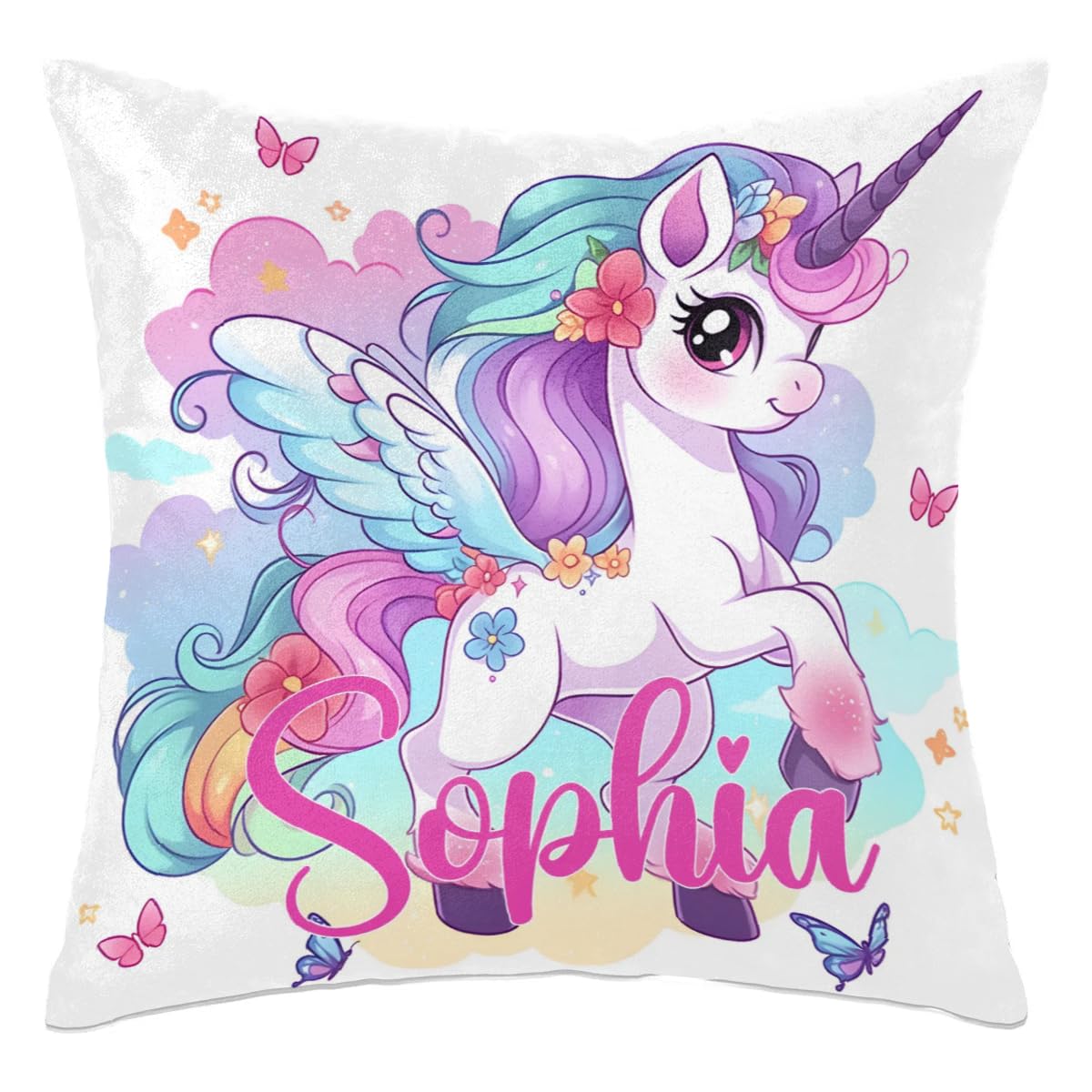 Personalized Cute Unicorn Square Pillowcase for Kids-Girls,Custom Name Cushion Covers,Custom Gifts Throw Pillow Cover for Girls Children Birthday,for Sofa Car Bedroom Living Room (Cover Only)