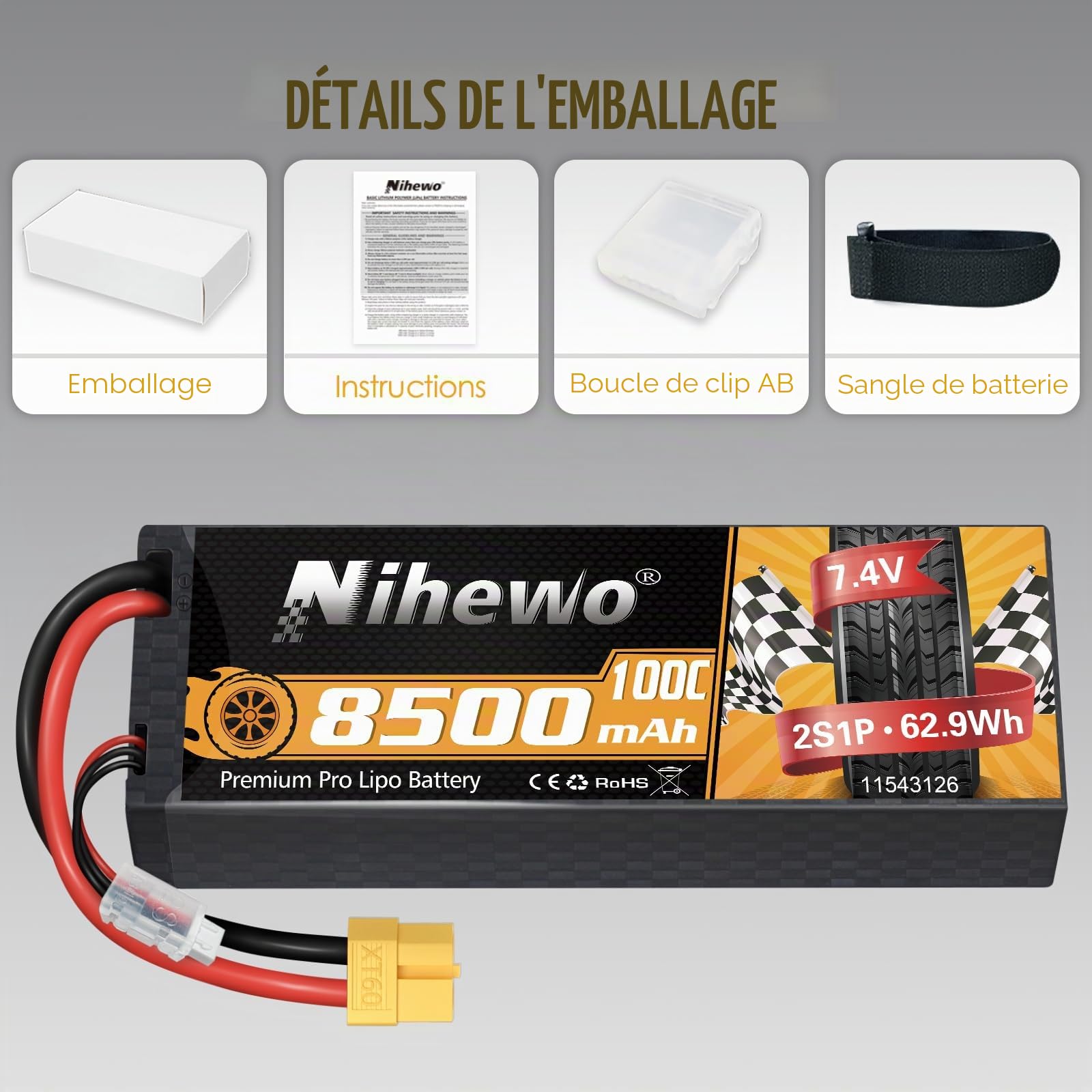Batterie LiPo 7,4V 2S 8500mAh 100C à Coque Dure XT60 pour véhicule RC 2pcs