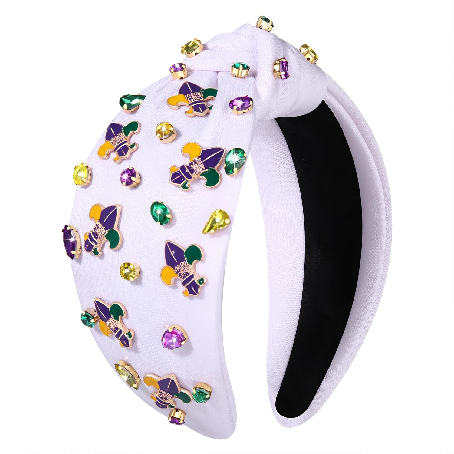 NVENFMardi Gras Headband Carnival Accessories for Women Crown Mask Headbands Green Purple Gold Rhinestone Pearl Jeweled Knotted Headband Fat Tuesday Parade Party Favors Gifts (Fleur De Lis 3 -White)