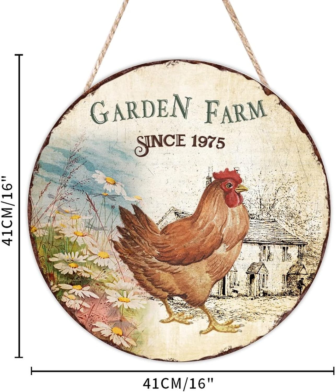 Garden Farm Since 1975 Wood Door Sign, Chicken Front Door Sign, 16x16in Retro Wall Hanging Sign Plaque for Backyard Front Porch Farmhouse Front Door Decor Housewarming Gifts